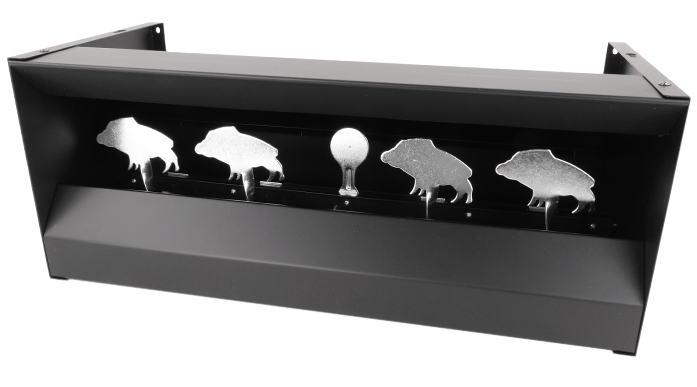SPECIFICATIONS Material: High-Grade Steel Dimensions: 490 x 195 x 220 mm Target Size: 66 x 55 mm (Each Bison Target) Reset Mechanism: Magnetic with Spring Assistance Colour: Black Frame with Silver Targets