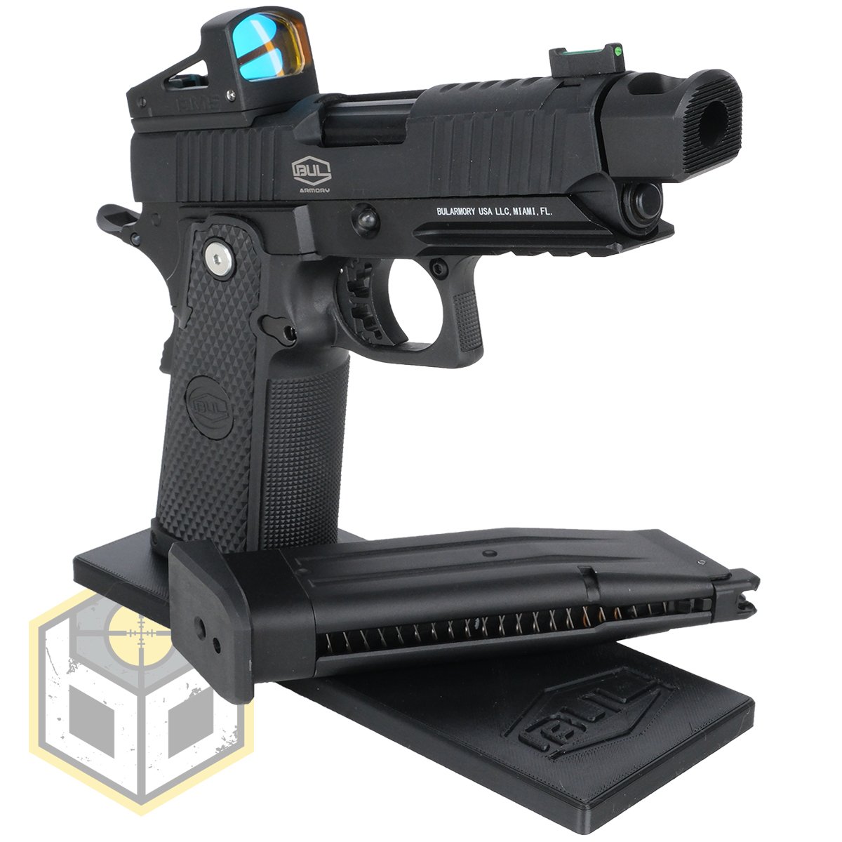 Bull pistol stand with Black logo 7 jpg