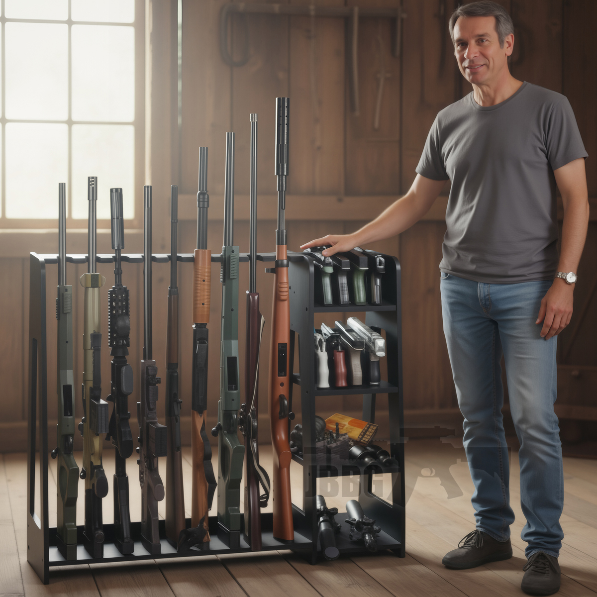 Heavy-Duty Wooden Gun and Accessories Floor Rack Black