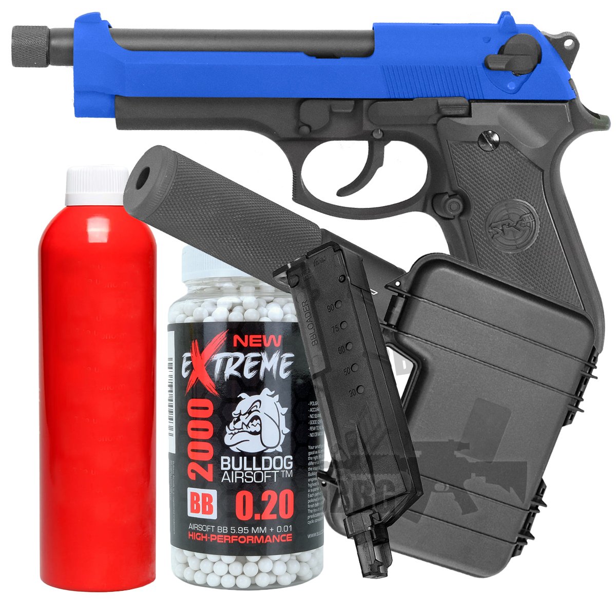 Bundle Offer SR92 X2 Gas Airsoft Pistol with Silencer Two-Tone Blue