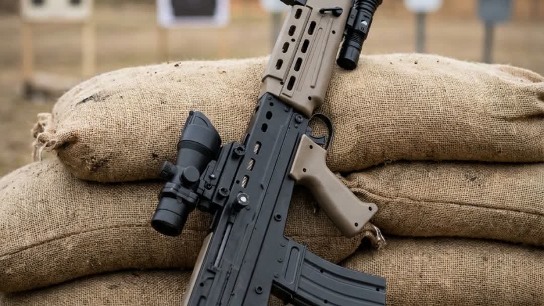 L85A2 SA80 spring BB gun resting on sandbags at a shooting range