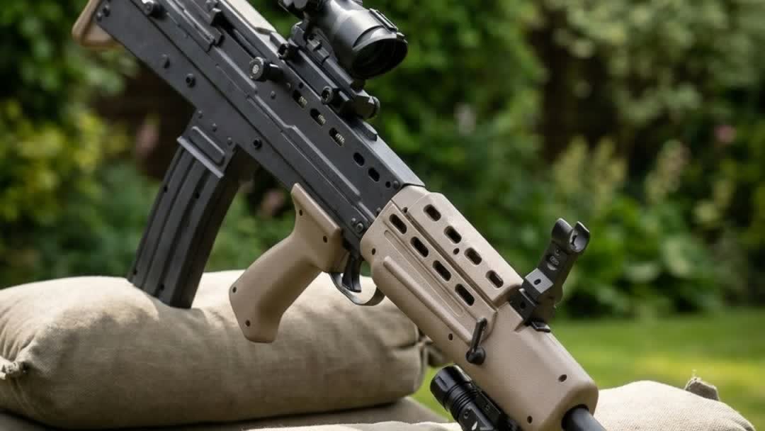 L85A2 SA80 airsoft BB gun with scope and torch on sandbags
