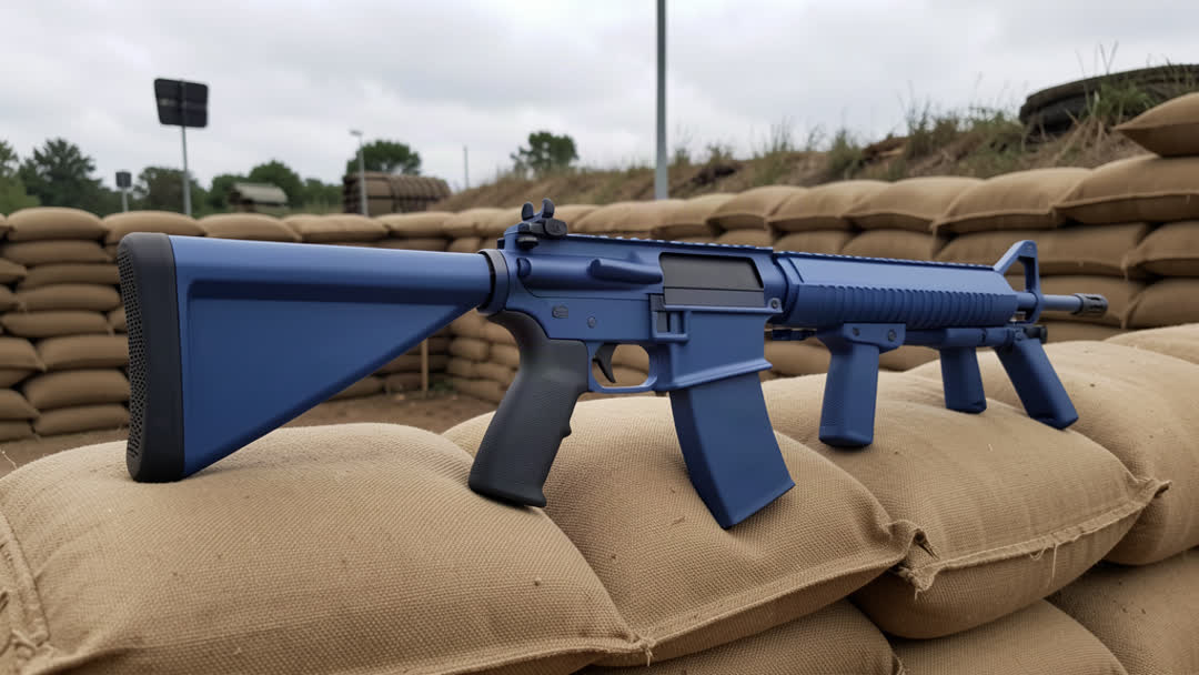 Nuprol Delta Vanguard Pathfinder Airsoft Gun AEG Blue on a sandbag wall at an outdoor airsoft site