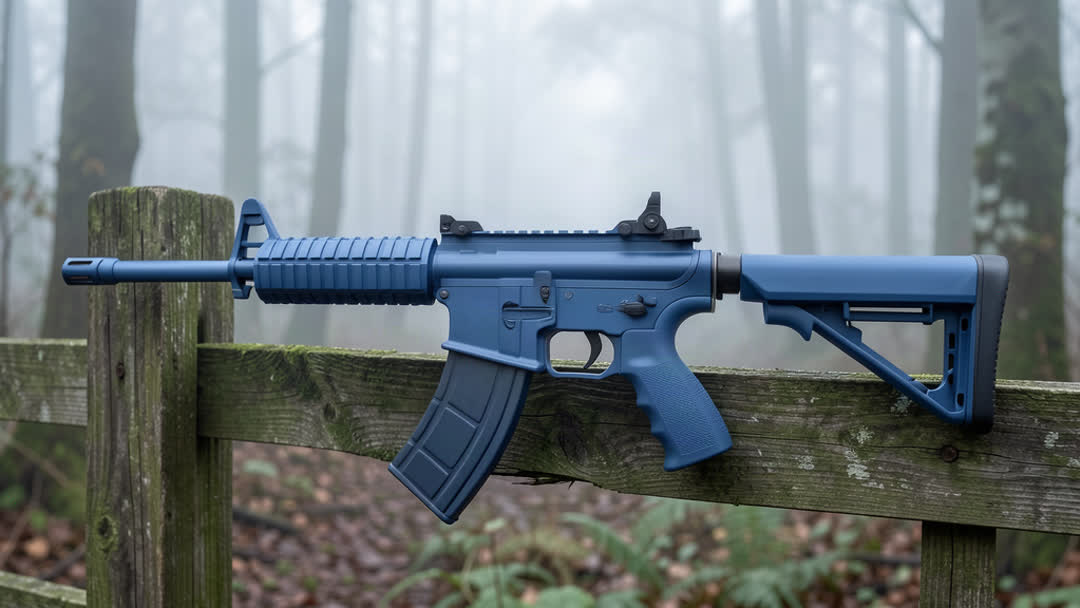 Nuprol Delta Vanguard Pathfinder Airsoft Gun AEG Blue resting against a wooden fence in woodland