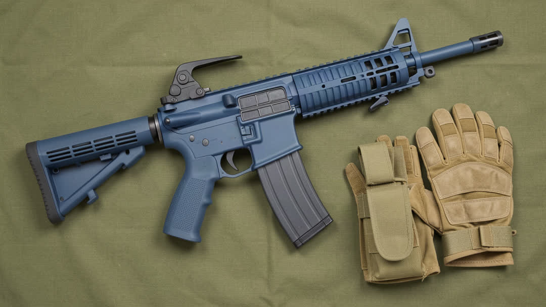 Nuprol Delta Vanguard Pathfinder Airsoft Gun AEG Blue laid out on olive green canvas with tactical gear