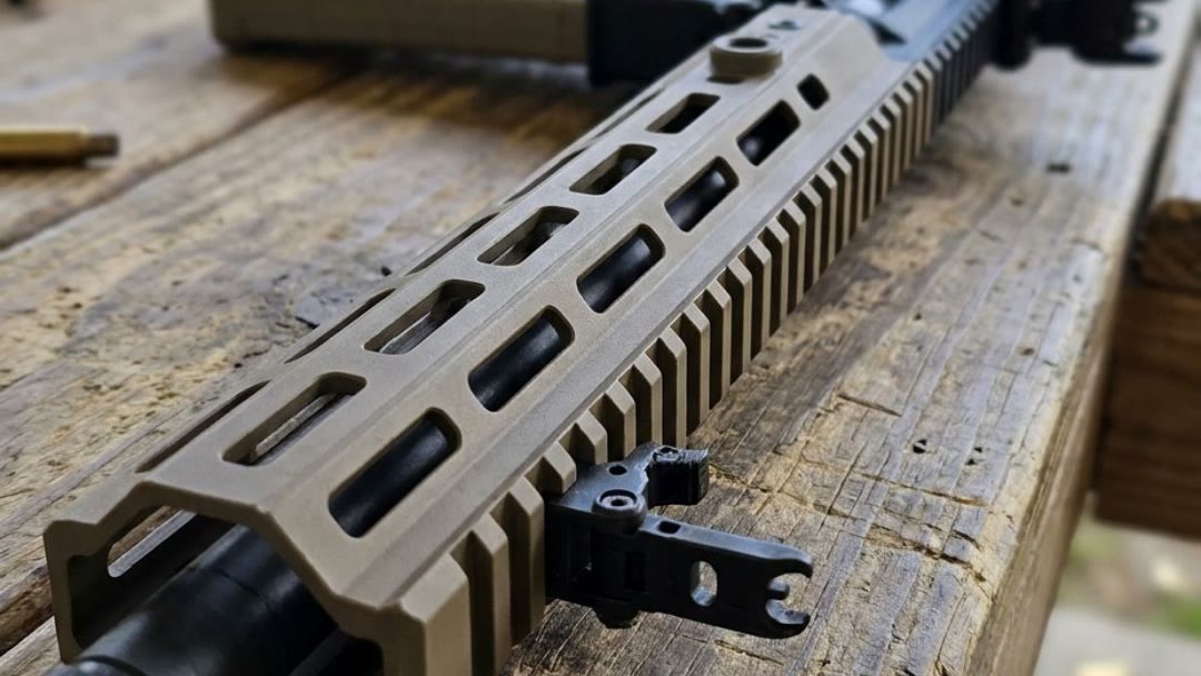 Close-up of the Nuprol Delta Pioneer Nomad handguard and Picatinny top rail