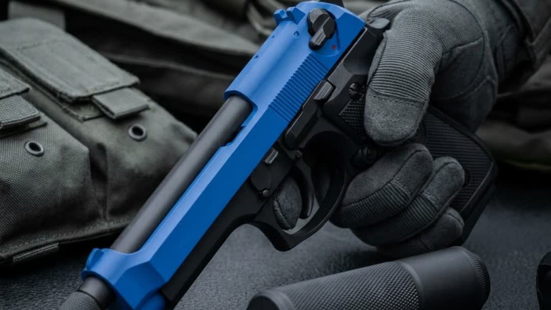 SR92 CO2 Airsoft Pistol with Silencer Two-Tone Blue held in a gloved hand