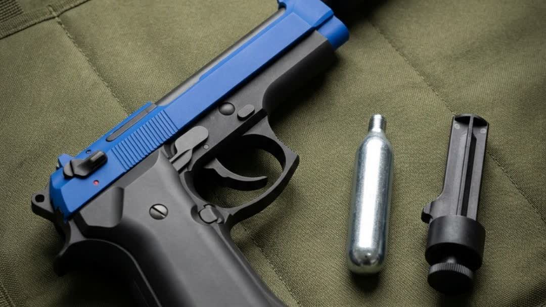 SR92 CO2 Airsoft Pistol with silencer, CO2 cartridge and speedloader