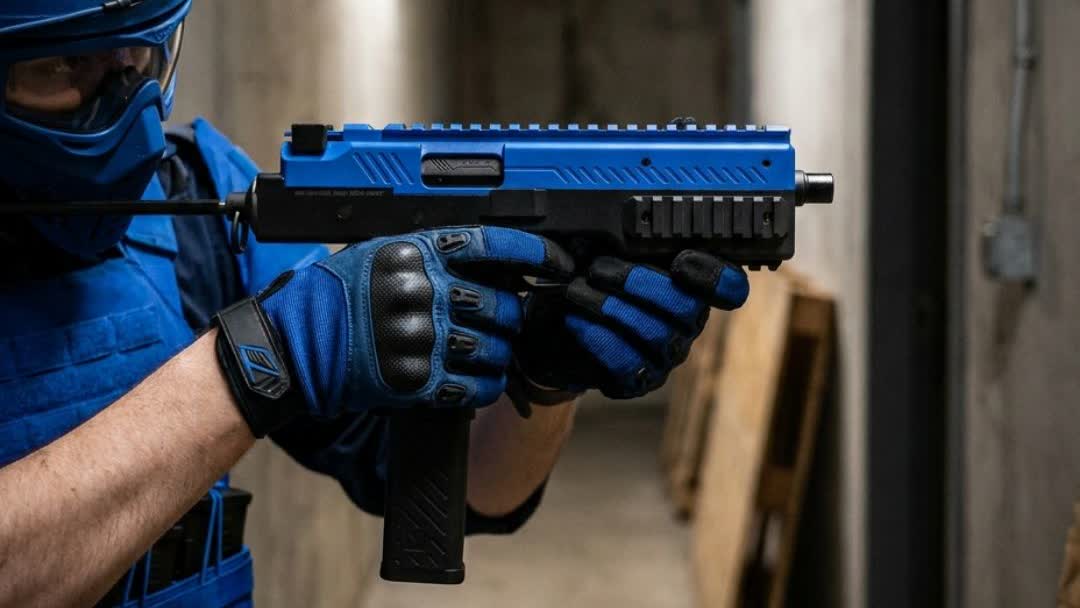 Player holding the Vorsk VMP-1C SMG airsoft gun in a CQB corridor