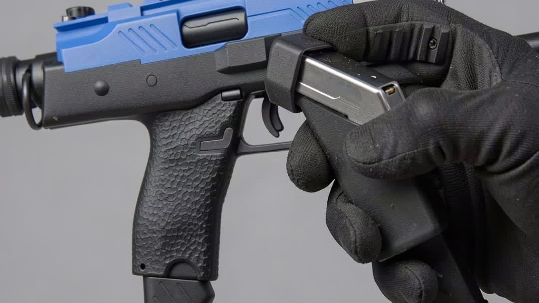 Loading a gas magazine into the Vorsk VMP-1C SMG pistol grip