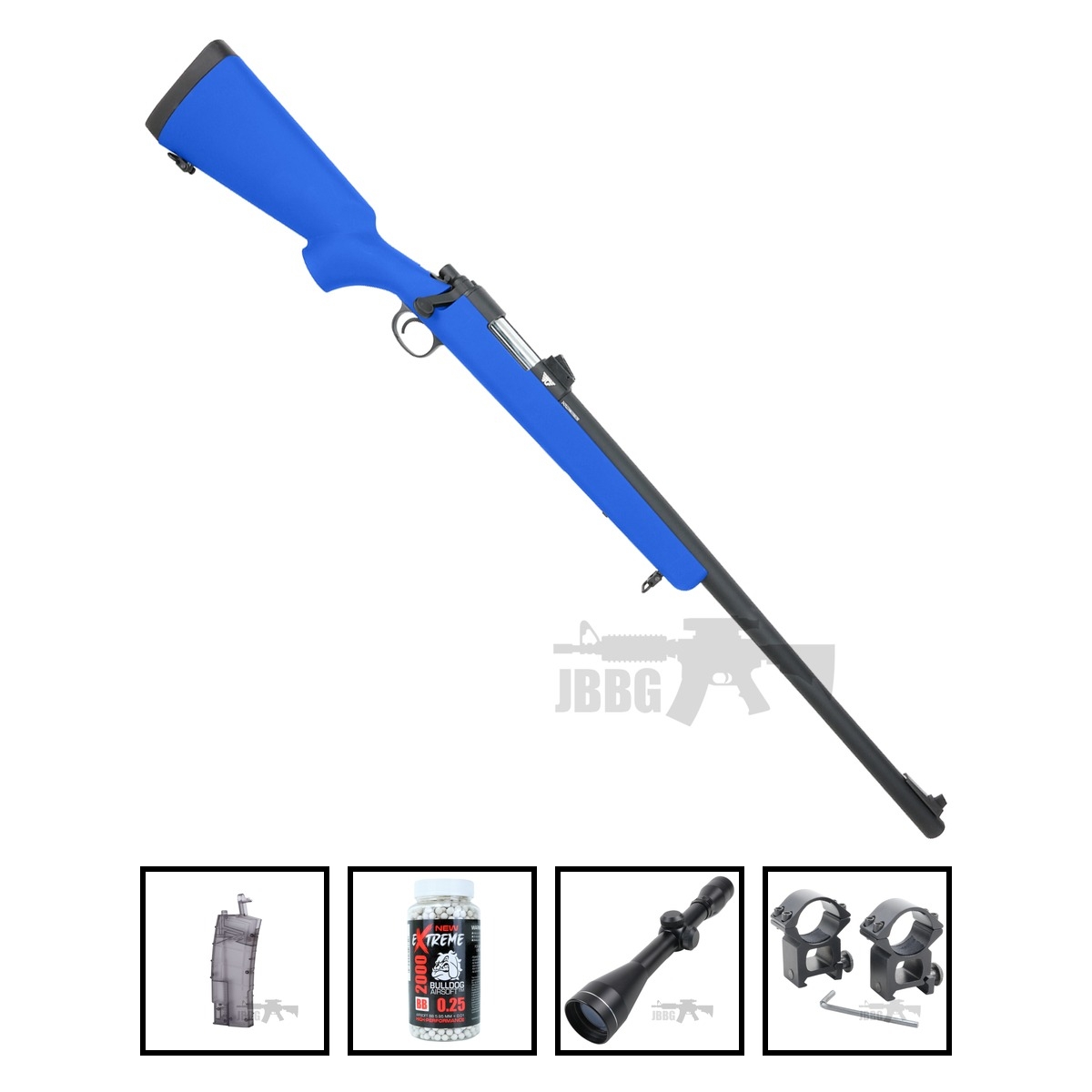 BAR-10 Bolt Action Airsoft Sniper Rifle JG Works Two-Tone Blue Bundle Offer Set