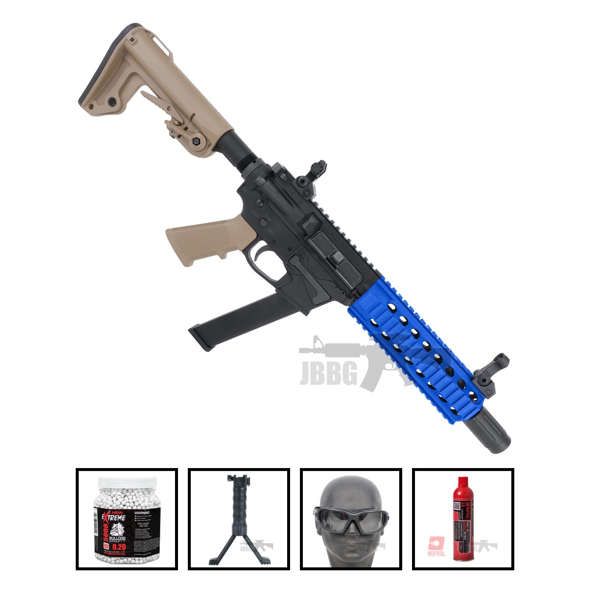 Bulldog TWS 9mm Carbine Gas Blowback Lite Airsoft Gun Tan Blue Bundle Offer Set