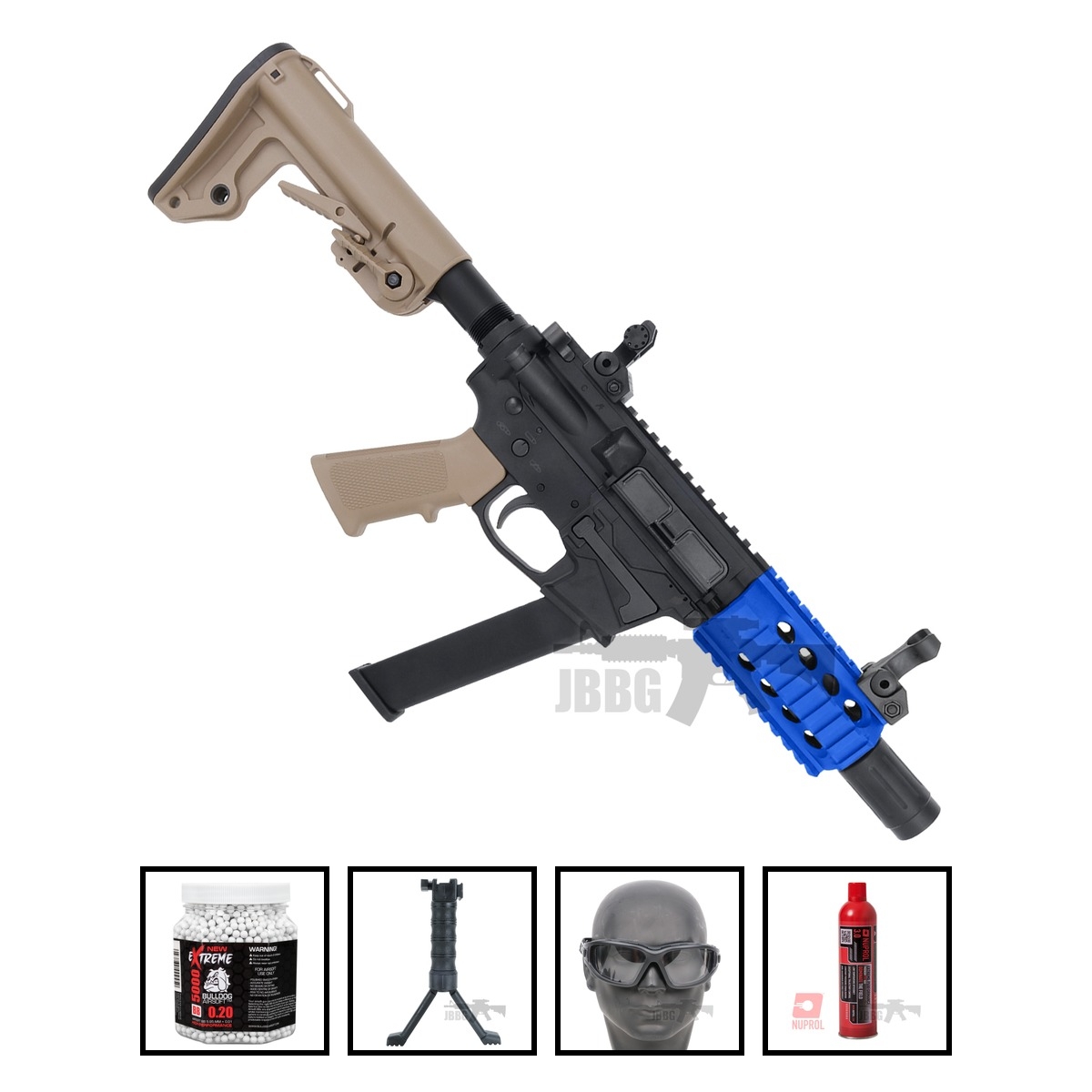 Bulldog TWS 9mm SBR Gas Blowback Lite Airsoft Gun Tan Blue Bundle Offer Set