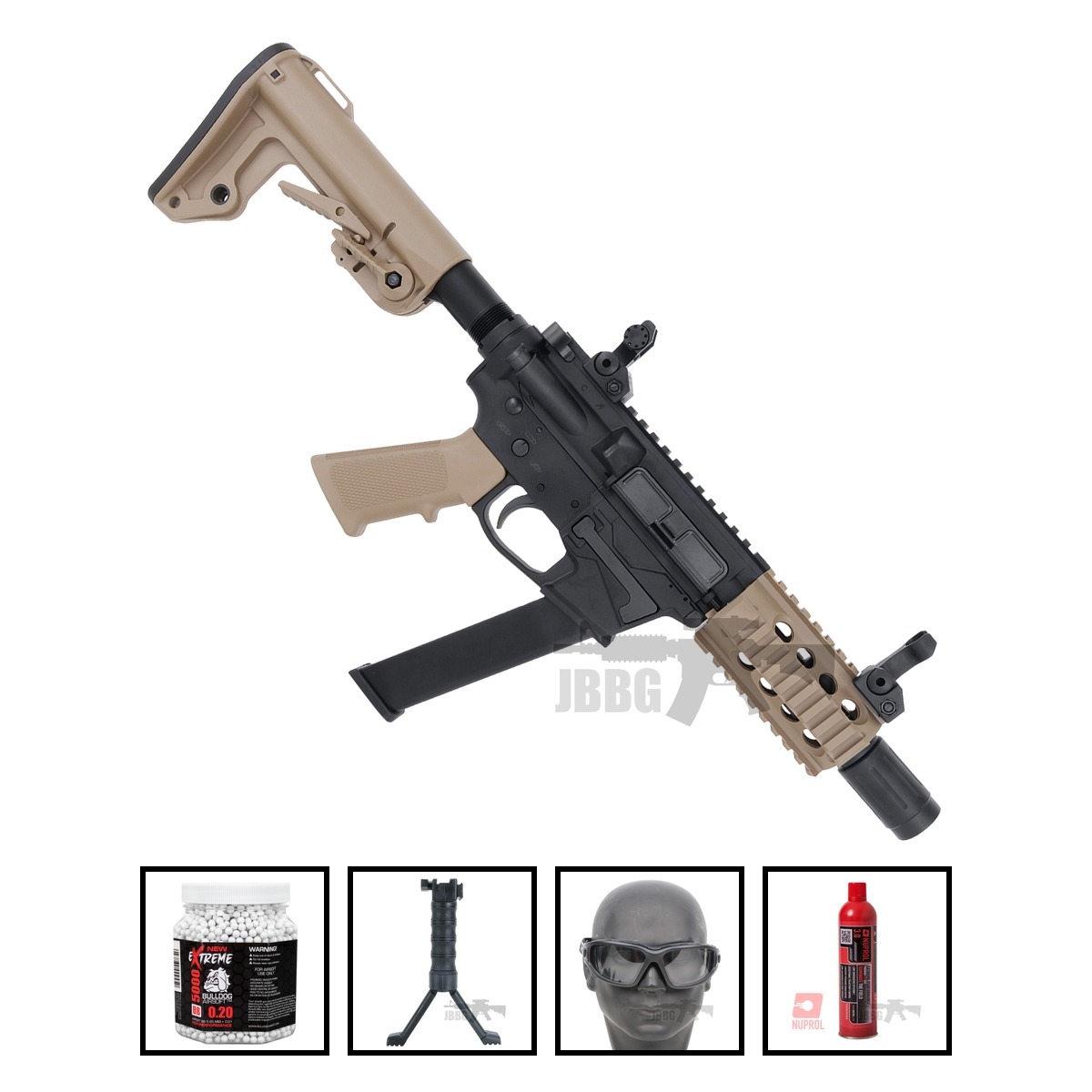 Bulldog TWS 9mm SBR Gas Blowback Lite Airsoft Gun Tan Bundle Offer Set
