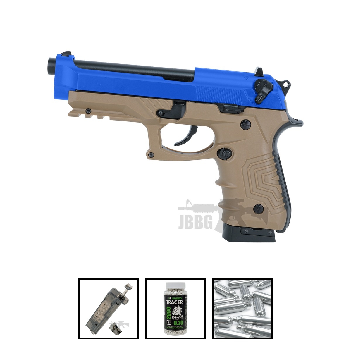 HG173 Tac M92 Co2 Metal Airsoft Pistol Dark Earth and Blue Bundle Offer Set