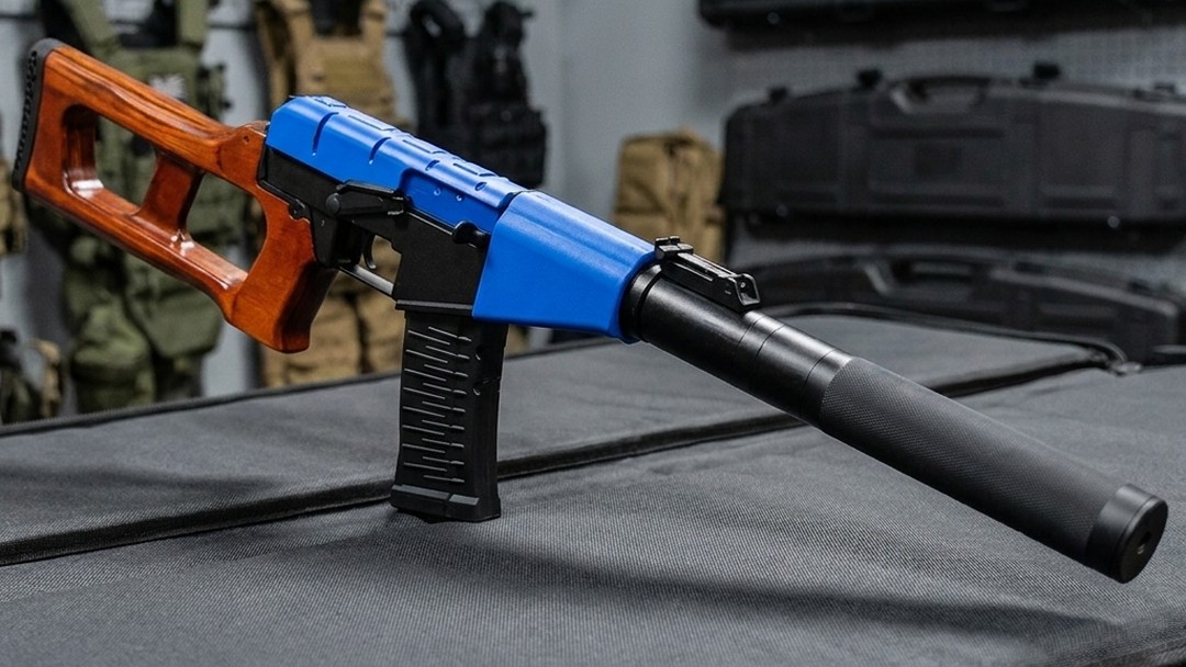 Close-up of the King Arms VSS Vintorez Sniper Rifle AEG Blue receiver, trigger guard and curved magazine