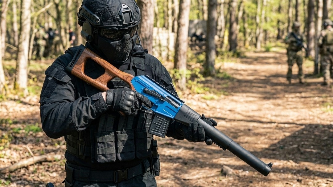 Full King Arms VSS Vintorez Sniper Rifle AEG Electric Airsoft Gun Blue in an open foam-lined gun case