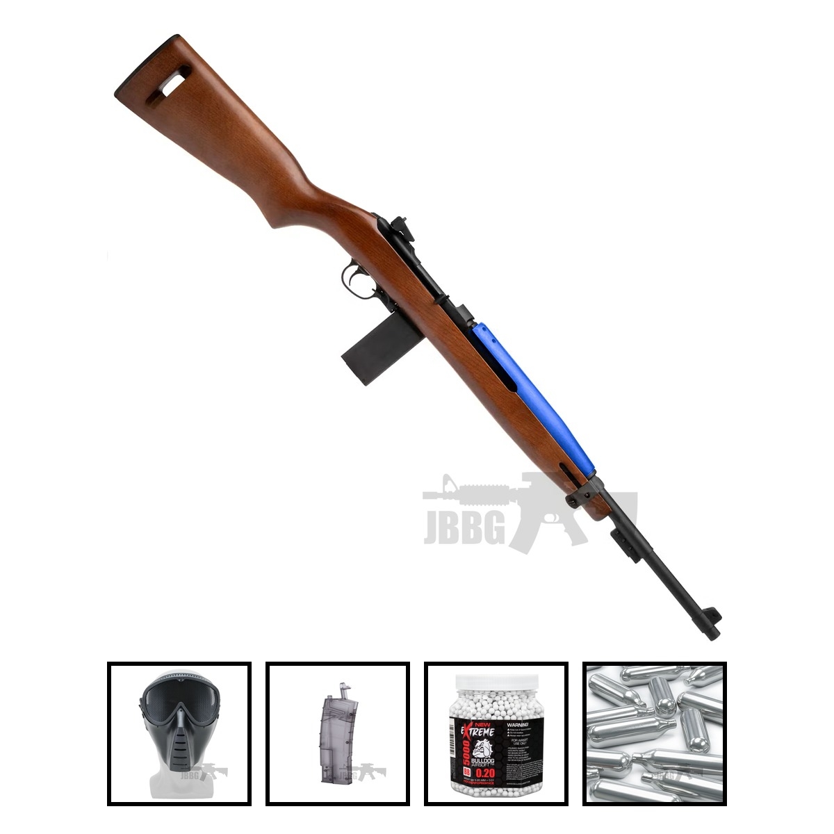 King Arms M1 Carbine CO2 Blowback Airsoft Rifle Real Wood Blue Bundle Offer Set