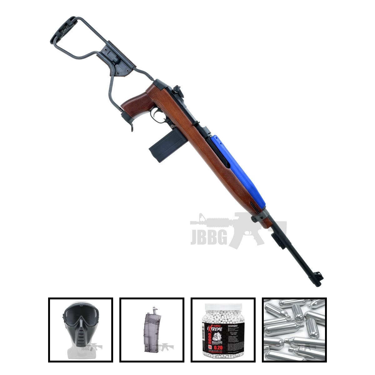 King Arms M1A1 Paratrooper Carbine CO2 Blowback Rifle Real Wood Blue Bundle Offer Set