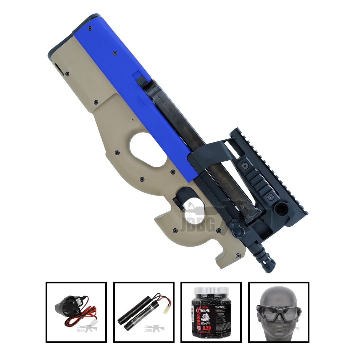 King Arms M3 Tactical P90 AEG Airsoft Gun Tan Blue Bundle Offer Set