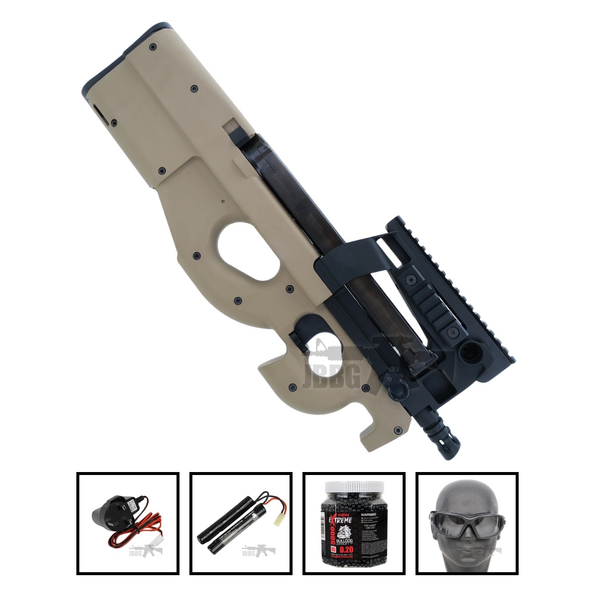 King Arms M3 Tactical P90 AEG Airsoft Gun Two-Tone Tan Bundle Offer Set