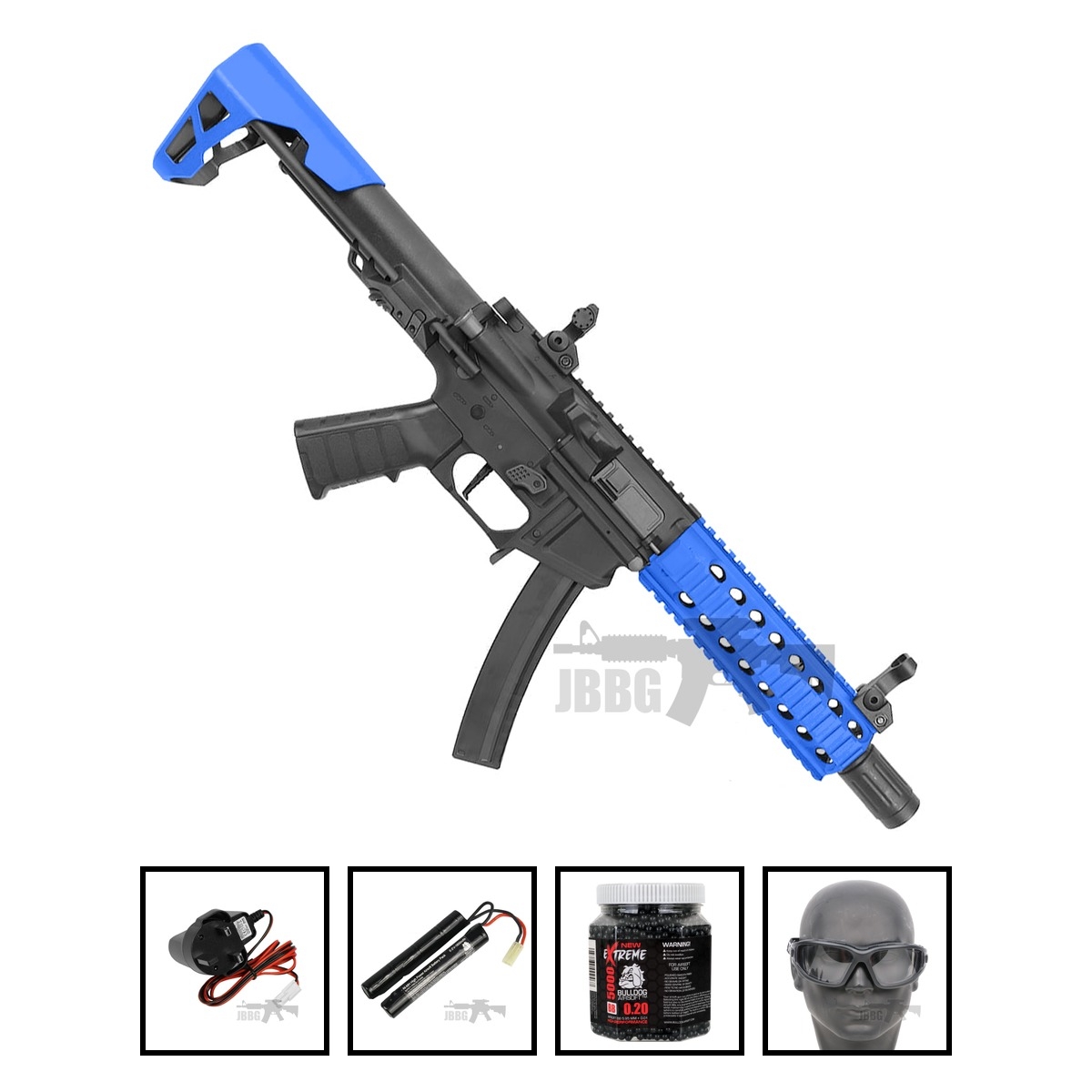 King Arms PDW 9mm SBR Long Airsoft AEG Rifle Two-Tone Blue Bundle Offer Set