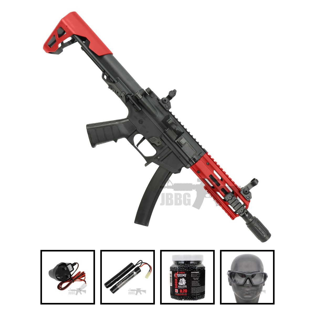 King Arms PDW 9mm SBR M-Lok Airsoft AEG Rifle Two-Tone Red Bundle Offer Set