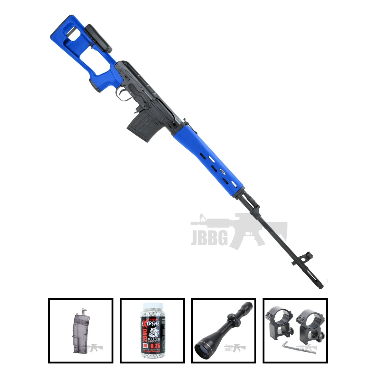 King Arms SVD Sniper Rifle Ultra Grade AEG Airsoft Sniper Rifle Two-Tone Blue Bundle Offer Set