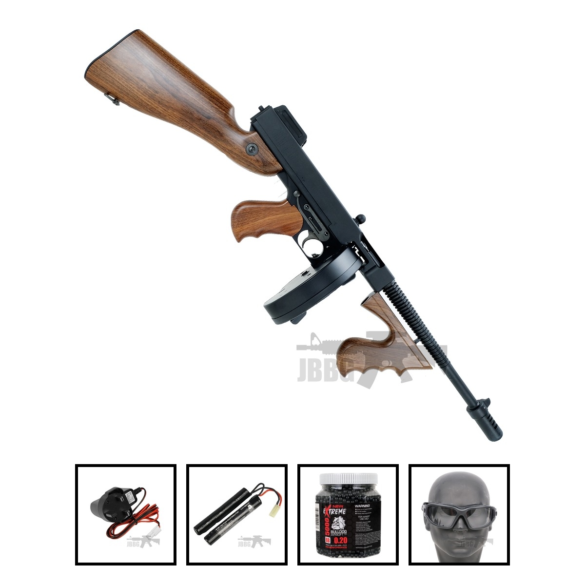 King Arms Thompson M1928 Chicago Wood Pattern AEG Airsoft Gun Bundle Offer Set
