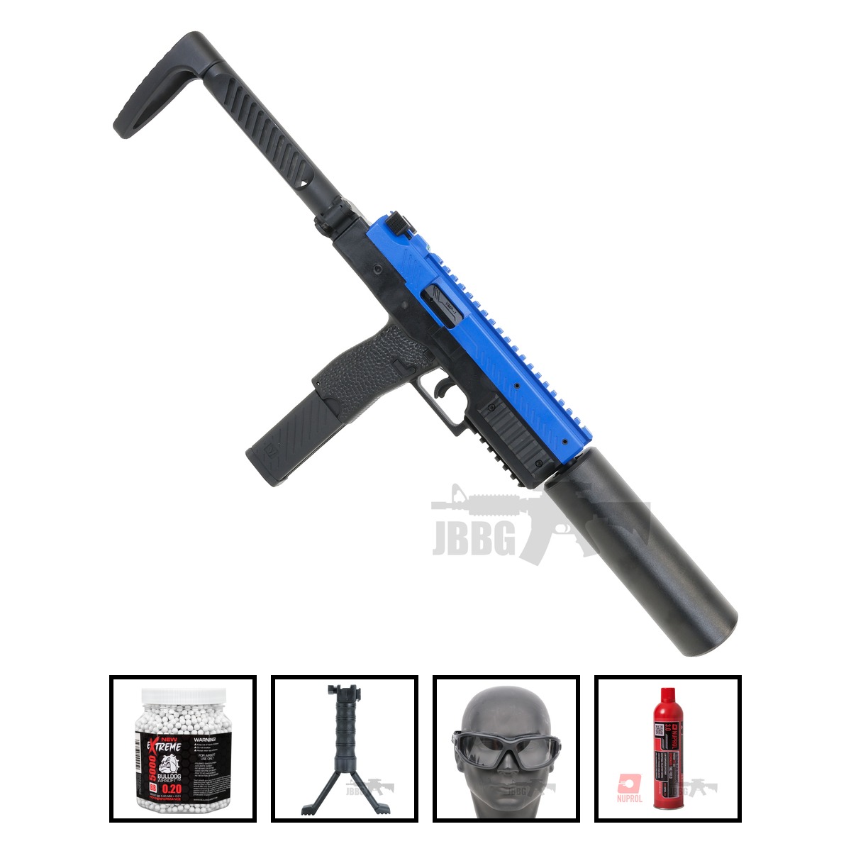 Vorsk VMP-1X SMG Gas Blowback Airsoft Gun Two-Tone Blue Bundle Offer Set