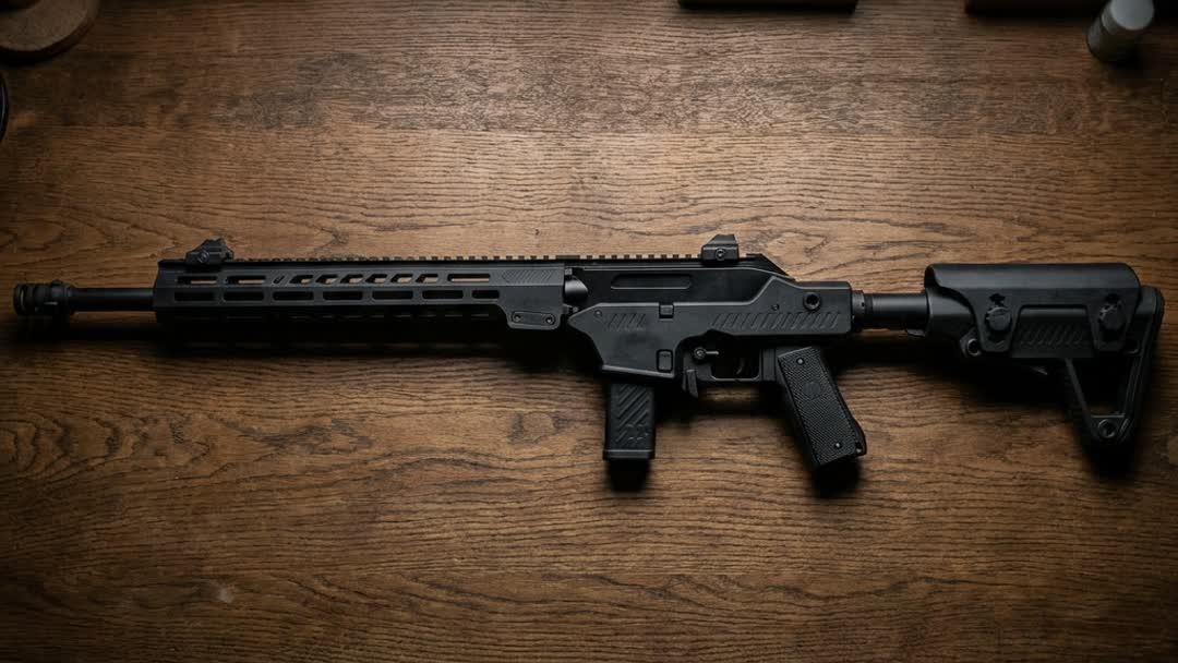 Vorsk VMP-2MD Gas Blowback DMR Airsoft Gun RIF Black lying flat on a dark oak workbench, full side profile