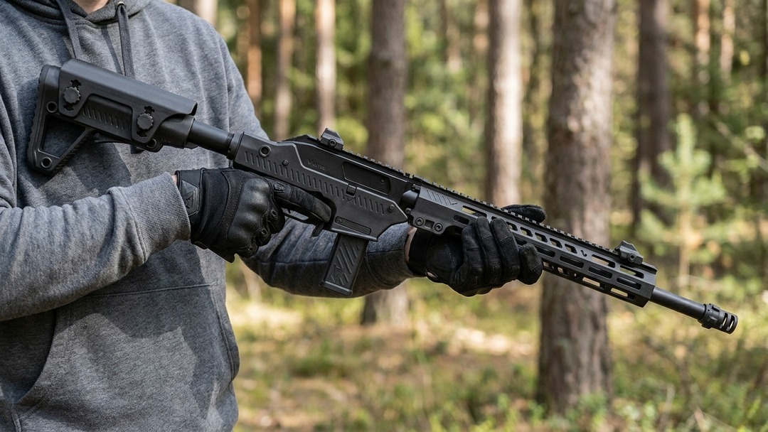 Player in tactical gloves holding the Vorsk VMP-2MD Gas Blowback DMR Airsoft Gun RIF Black at low ready in woodland
