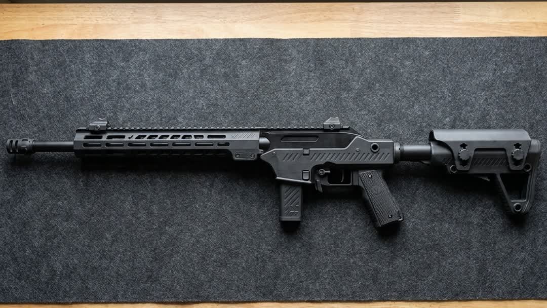 Detail view of the Vorsk VMP-2MD Gas Blowback DMR Airsoft Gun RIF Black showing receiver, rail, handguard and skeleton stock on a cloth mat
